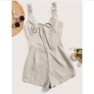 Tie Neck Shirred Back Cami Beige Romper